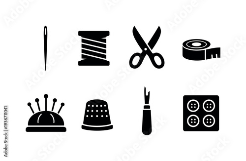 Collection of sewing tools and notions, including needle, thread, scissors, tape measure, thimble, and buttons