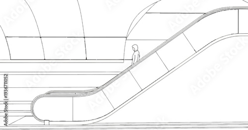 A person rides an escalator within a modern, enclosed architectural structure