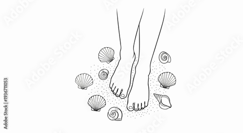 Bare feet are shown standing on sand surrounded by various seashells and small dots
