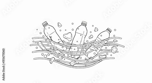 Three plastic bottles float amongst debris and bubbles in water