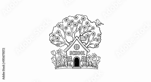 A simple line drawing of a schoolhouse with a blooming tree and flowers