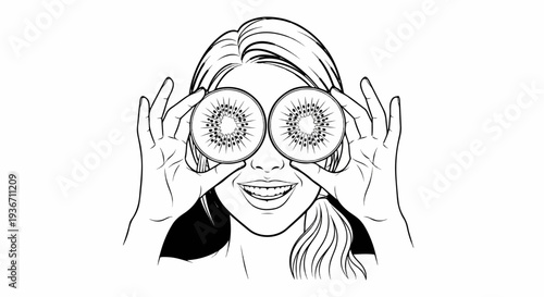 Woman's face framed by kiwi slices over her eyes, smiling broadly