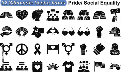Rainbow and heart icons representing pride and social equality, vector silhouettes for diversity celebration