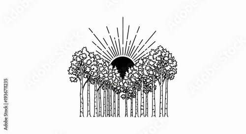 A stylized black and white line drawing of a sun rising behind a forest