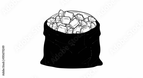 A black bag overflowing with individually wrapped, cube-shaped candies