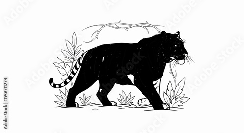 A black panther walks among lush tropical foliage and vines