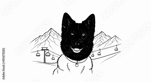 A black dog with a fluffy ruff sits before snowy mountains and ski lifts
