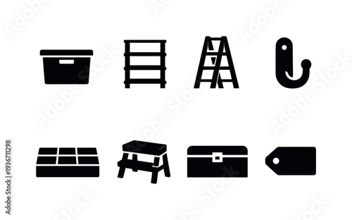 Collection of black icons representing storage, tools, and organization items on a white background