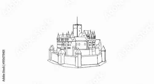 Detailed sketch of a large, medieval fortress with multiple towers and walls