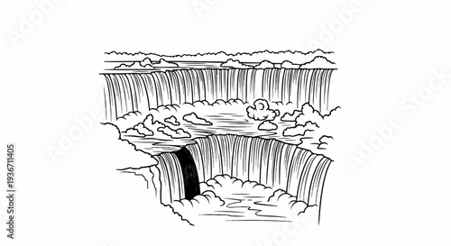 A dramatic black and white sketch of a majestic waterfall plunging into mist