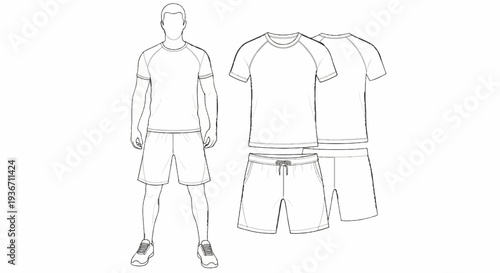 Athletic apparel sketch man in shorts and t-shirt, with outfit flats