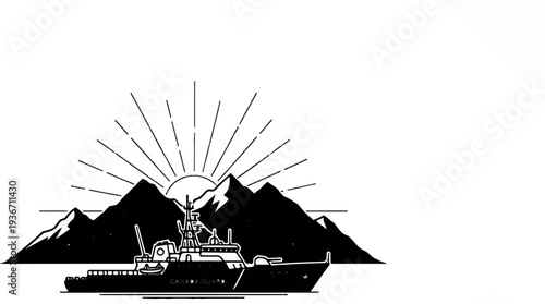 A graphic of a ship sailing past mountains with a sunburst behind
