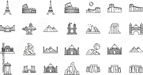 Collection of famous world landmarks as simplified line art icons
