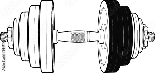 Black and white drawing of a dumbbell with adjustable weight plates