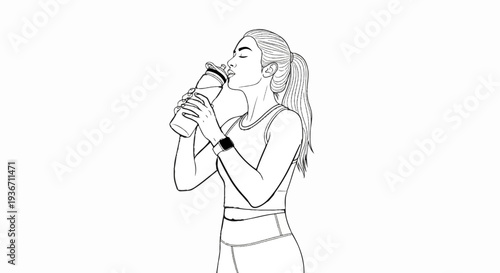 Athletic woman in sportswear drinks from a water bottle after workout