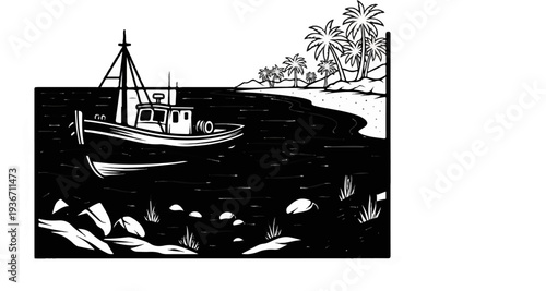 Fishing boat sails by tropical shore with palm trees and rocky coastline