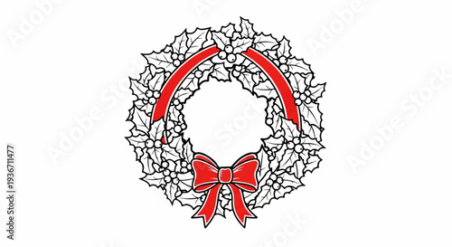 Festive Holly Wreath with Red Ribbon and Bow Decoration
