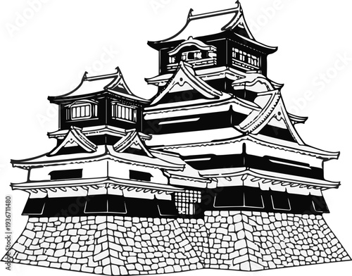An ornate, multi-tiered, black and white illustration of a traditional Japanese castle