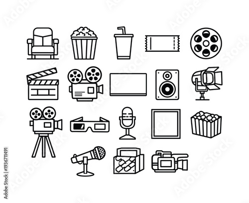 Collection of cinema and movie icons, perfect for entertainment and media themes