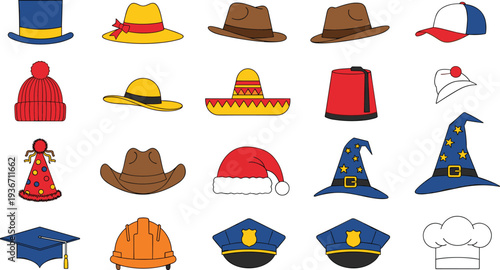 Hat collection vector illustration with cowboy, wizard, police, graduation, chef, winter beanie, party, and sombrero hats colorful icon set