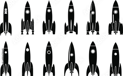 Space rocket silhouette set, variety of spacecraft launch icons, cad drawing flat vector illustration for science fiction and aerospace projects.