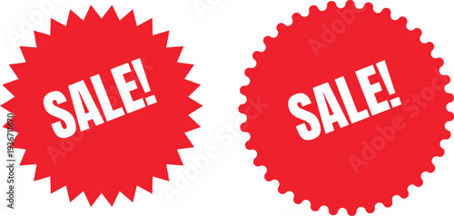 Red Retail Sale Sticker Set with Jagged Starburst and Sunburst Edges Featuring Bold White Typography for Store Promotions and Discount Marketing