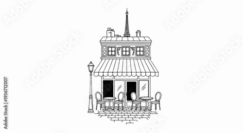 Parisian cafe with Eiffel Tower silhouette on rooftop, outdoor seating