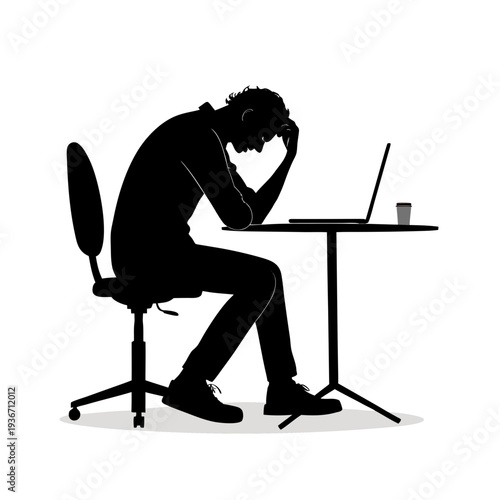 silhouette of exhausted office worker leaning on desk for burnout and work stress concept