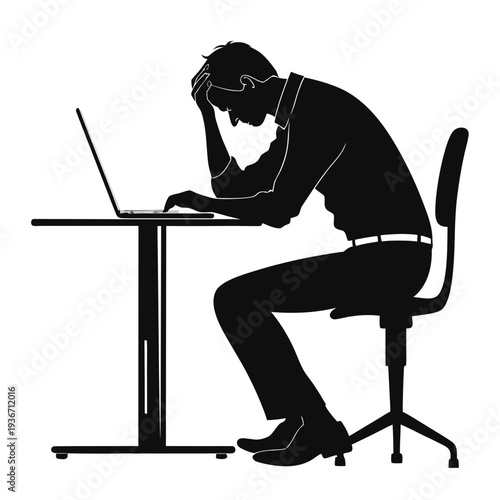 silhouette of exhausted office worker leaning on desk for burnout and work stress concept
