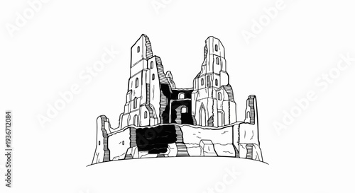 Pen sketch of imposing, ancient stone ruins with crumbling towers on a white background