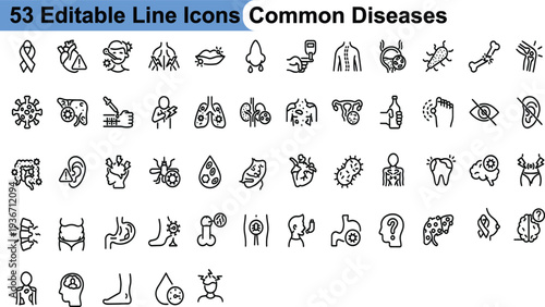 Common diseases line icons collection set with 53 unique symbols for medical infographic and healthcare design
