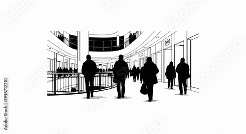 Silhouettes of people walking in a modern indoor shopping center