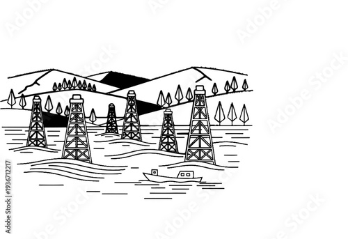 Offshore oil rigs stand in a body of water with a small boat sailing