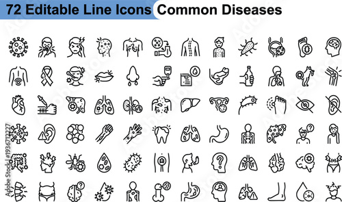 Set of 72 common diseases line icons including various illness symptoms medical conditions and health problems