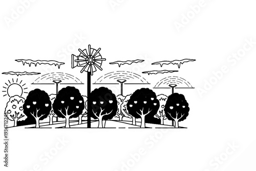 Orchard with windmill and irrigation system under a cloudy sky
