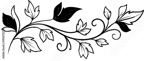 Ornate black and white floral vine flourish with detailed leaves