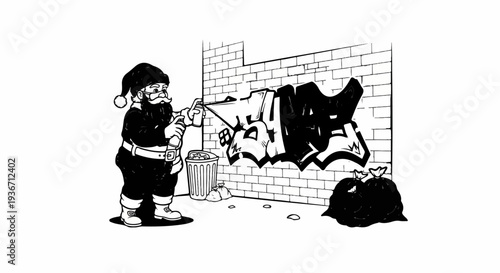 Santa Claus spray painting graffiti on a brick wall next to garbage bins