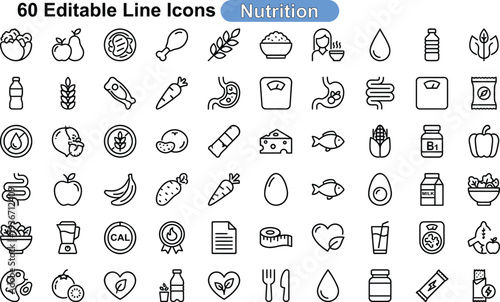 Nutrition line icons collection featuring 60 black outline symbols for healthy eating diet plan and organic food