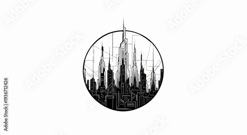 Stylized futuristic city skyline within a circular frame