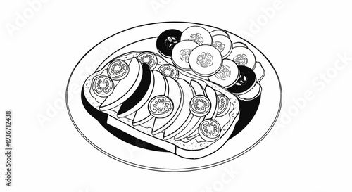 Sliced tomatoes and cucumbers artfully arranged on a dark plate