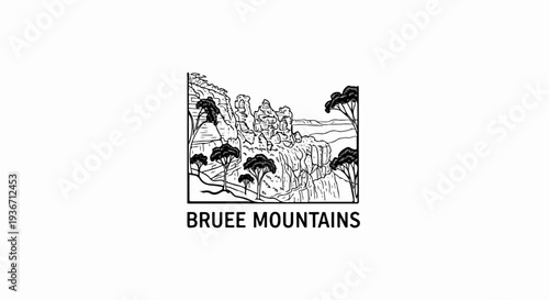 Line art of rocky mountains with sparse trees and distant water