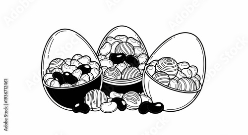Three open-top bowls filled with assorted beans and candies