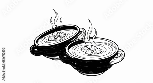 Two steaming bowls of soup with croutons, black and white illustration