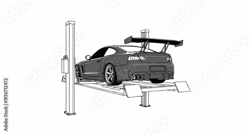 Sport car with large wing on a hydraulic lift in a garage