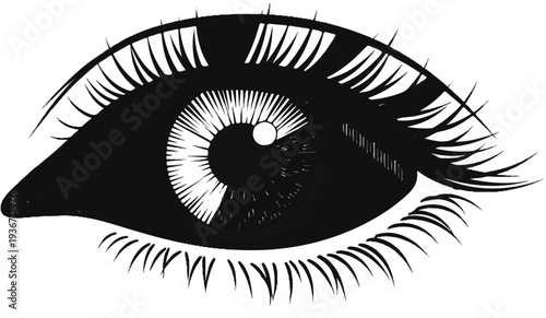 Striking black and white illustration of an open eye with detailed iris and lashes