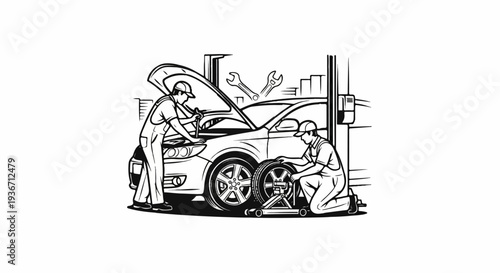 Two mechanics working on a car one checks engine, other replaces tire