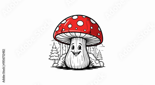 Whimsical cartoon mushroom character with a happy expression in forest