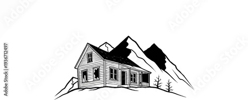 Isolated weathered cabin rests precariously on a hilltop, shadowed by imposing, jagged peaks