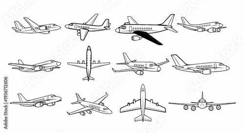 Collection of airplanes shown from various aerial perspectives