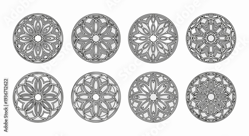 Collection of eight circular floral-inspired geometric ornamental patterns